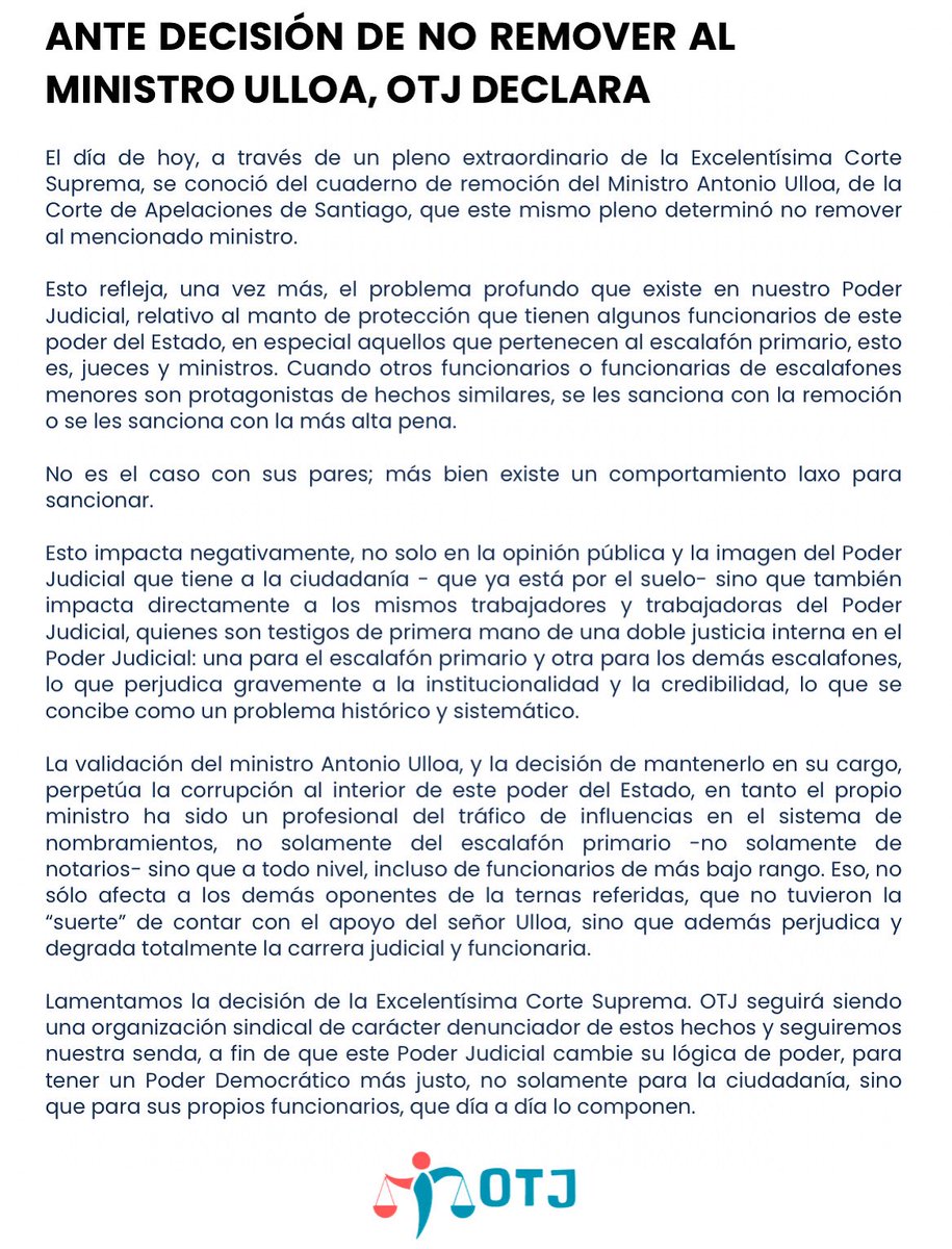 COMUNICADO OTJ día de hoy, el pleno extraordinario de la Excelentísima Corte Suprema determinó no remover a #AntonioUlloa.

#MinistroUlloa
#CorteSuprema 
#CasoHermosilla
#LuisHermosilla
#PoderJudicial