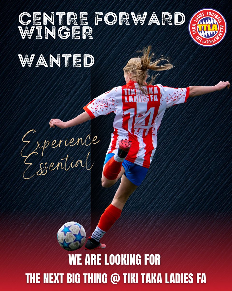 🔥⚽ ATTACKERS WANTED! ⚽🔥

🔥⚽ ATTACKERS WANTED! ⚽🔥

Think you’ve got what it takes to lead the line for TikiTaka Ladies? 💥
📍 Trials open now – message us to register.
⏳ Limited spaces. Competition is fierce.

☎️ 07527 256029 
📧 tikitakaladiesfa@gmail.com