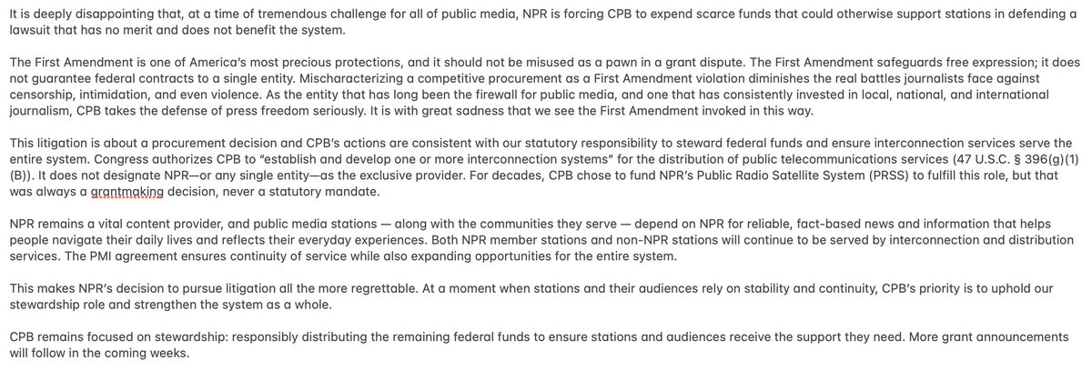 New: CPB says NPR's restraining order did not prevail. "It is deeply disappointing that...NPR is forcing CPB to expend scarce funds that could otherwise support stations in defending a lawsuit that has no merit and does not benefit the system."
