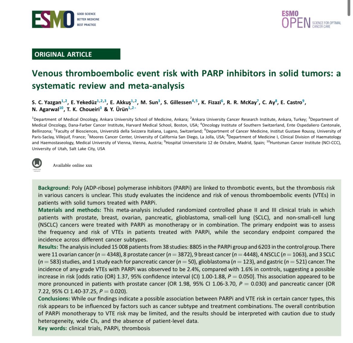 Proud of our rising star Coşkun and all colleagues. This meta-analysis on PARP inhibitors and thrombosis risk asks the right question for patients.
<a href="/myESMO/">ESMO - Eur. Oncology</a> <a href="/OncoAlert/">OncoAlert</a> <a href="/ONCOassist/">ONCOassist® | The go-to oncology app</a> <a href="/AnkaraUni/">Ankara Üniversitesi</a> <a href="/APCCC_Lugano/">Advanced Prostate Cancer Consensus Conference</a>