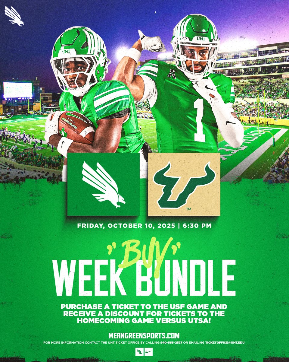 I̴t̴'̴s̴ ̴n̴o̴t̴ ̴b̴y̴e̴ ̴w̴e̴e̴k̴,̴ it's BUY Week!

For a limited time, buy a full-price ticket to the USF game and get a discounted ticket to the UTSA matchup. Bundle your tickets now and save!

🎟️ northtex.as/471nzRH

#GMG🦅