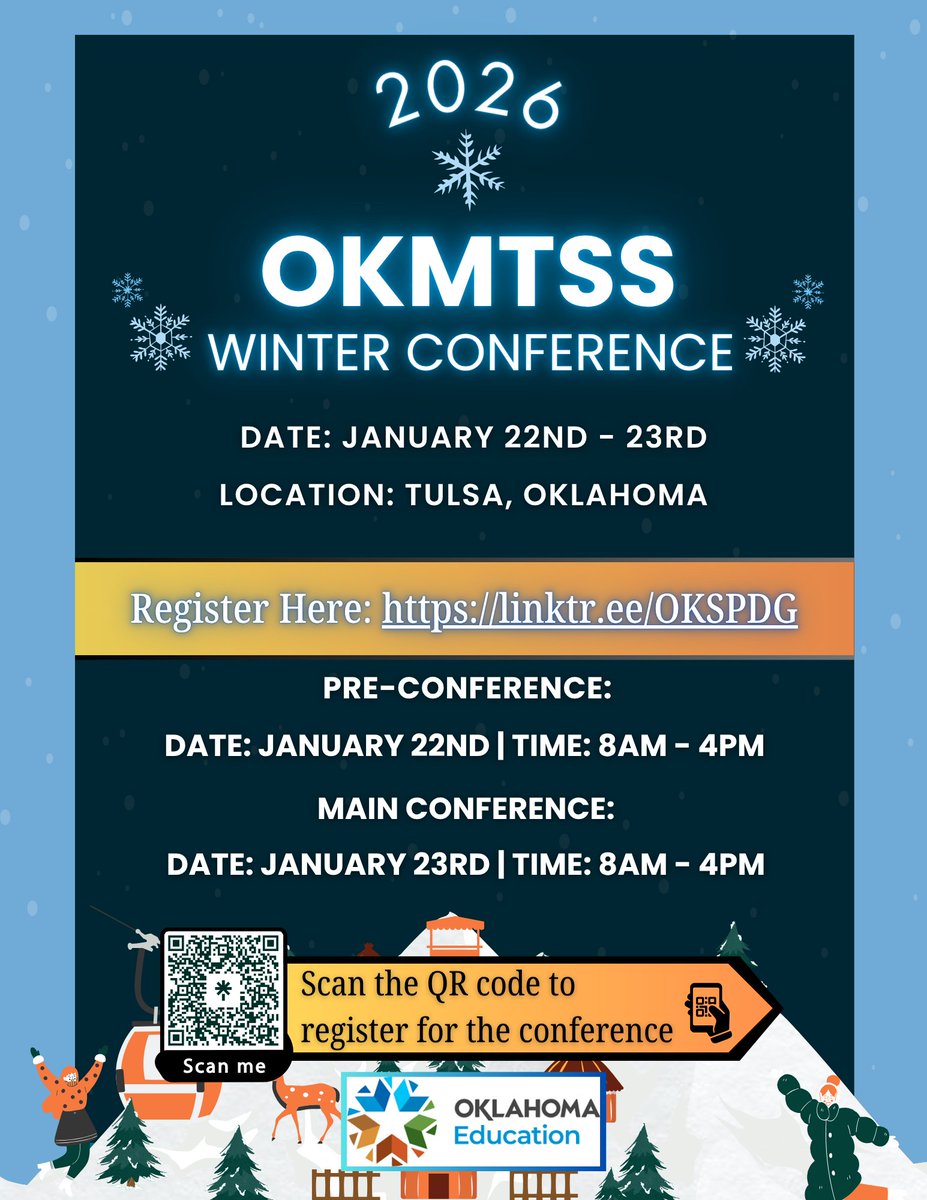 OK_SPDG's tweet photo. ❄️ Join us in Tulsa for the 2026 OKMTSS Winter Conference! 📅 Jan 22–23 | 🕗 8AM–4PM 🌟 Pre-Conference + Main Event 🎓 Connect, learn, and grow with educators across Oklahoma. 
🔗 Register now: https://t.co/m5bJ1HGozg 
#OKMTSS #EducationMatters #WinterConference2026 https://t.co/viP1IZf5a6