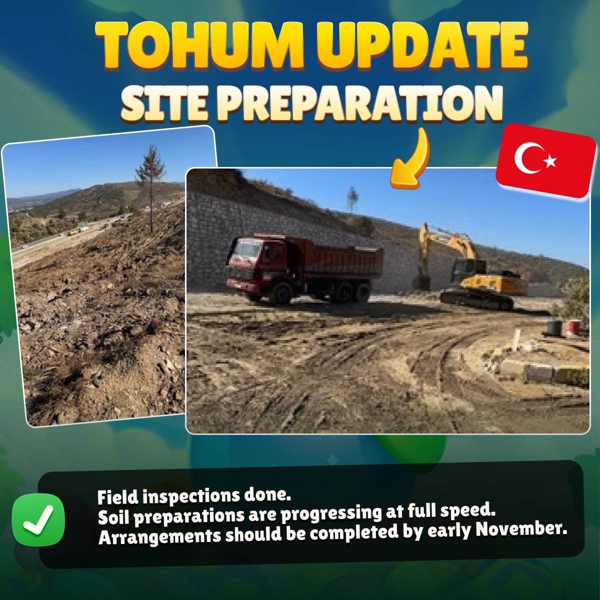 It's progressing well on the Tohum plantation site in Türkiye💪

✅Field inspection completed
🔄Soil preparation in progress
👉We will keep you informed

Hakan Çalhanoğlu's forest is coming! 🌳