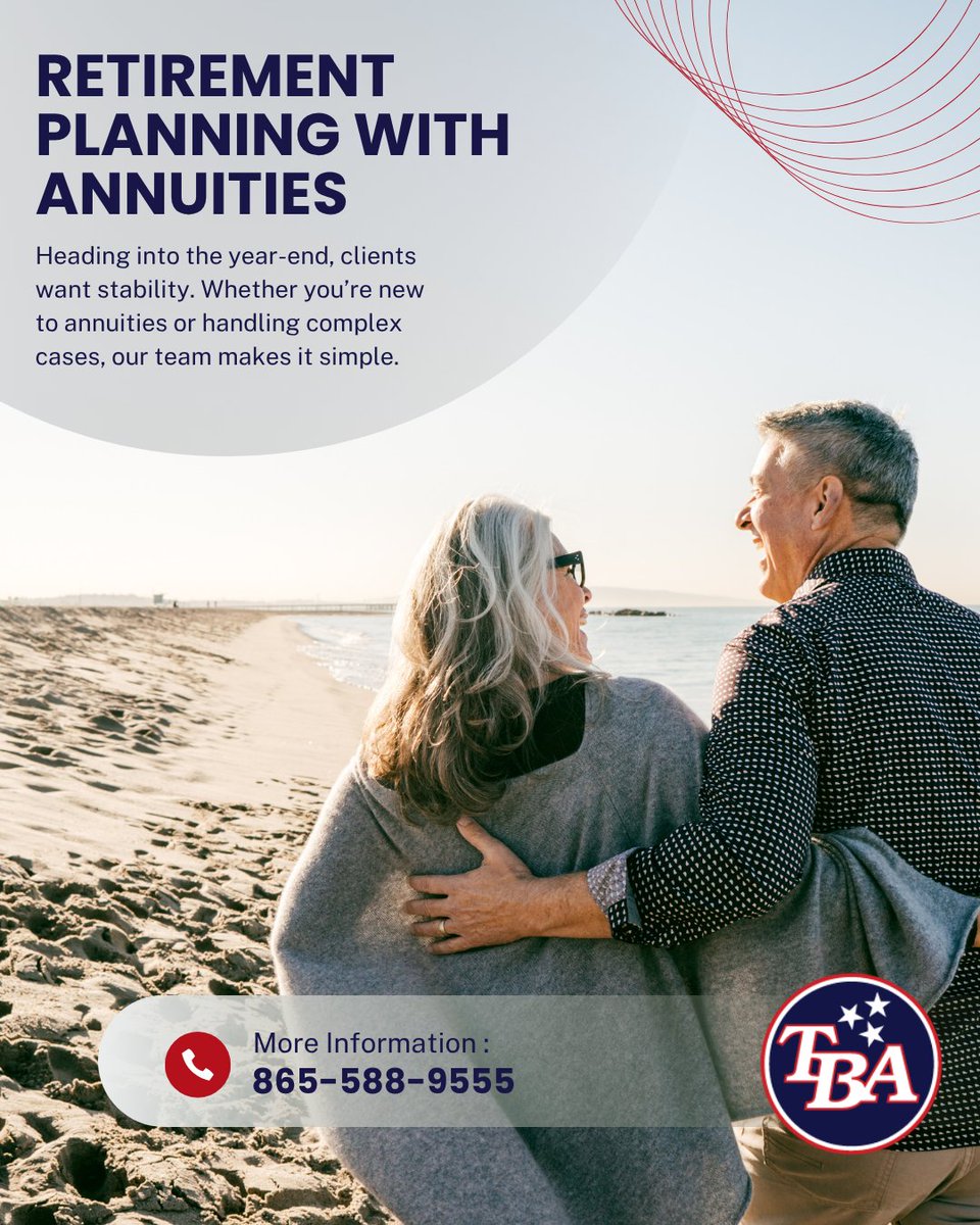 TennBrokerage's tweet image. Heading into the year-end, clients want stability.

Annuities = guaranteed income + protection from market swings.

TBA helps advisors compare carriers, run illustrations &amp;amp; simplify the conversation.

#Annuities #RetirementPlanning #AdvisorSupport #TBAKnoxville