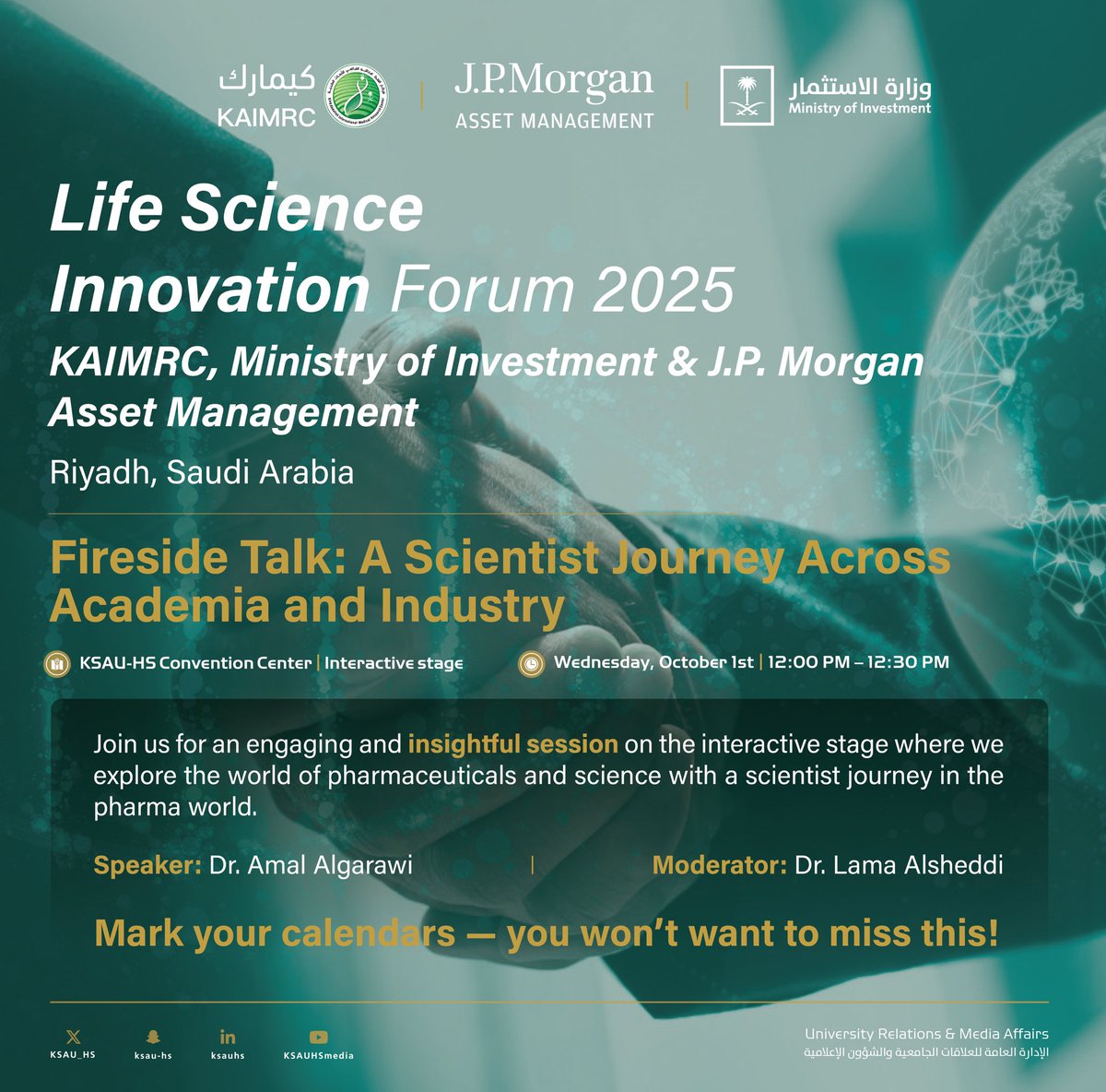 kaimrc_ksa's tweet image. Join Dr. Amal Algarawi, with moderator Dr. Lama Alsheddi, for an inspiring fireside talk exploring a scientist’s journey across #academia and the #pharmaceutical industry. Discover the challenges, opportunities, and real-world impact of bridging #science and industry.

📅