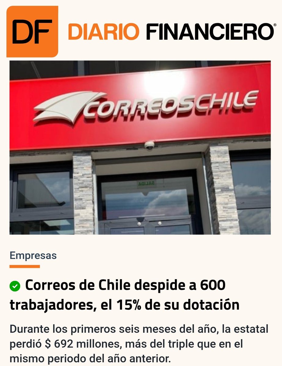 ChilePortadas's tweet photo. 📈 CONFIRMADO:
Correos de Chile despide a 600 trabajadores, el 15% de su dotación
#INDH #Cordero #MuchoGustoMG #Bernarda https://t.co/pArbZ8QoIX