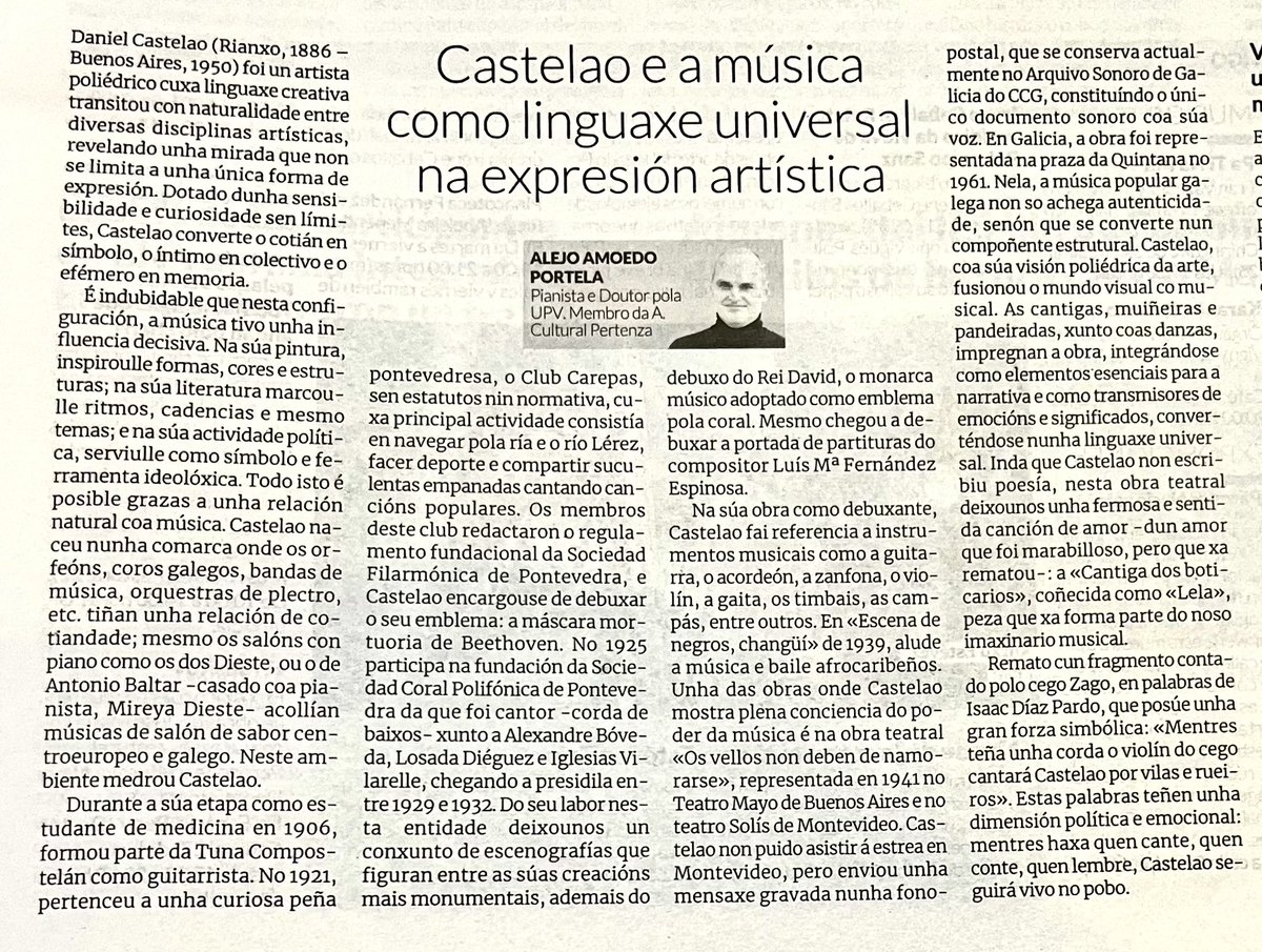 ✍️Hoxe, no Faro de Vigo, sae publicado o artigo “Castelao e a música como linguaxe universal na expresión artística “. A miña pequeña contribución ao mundo sonoro do rianxeiro.