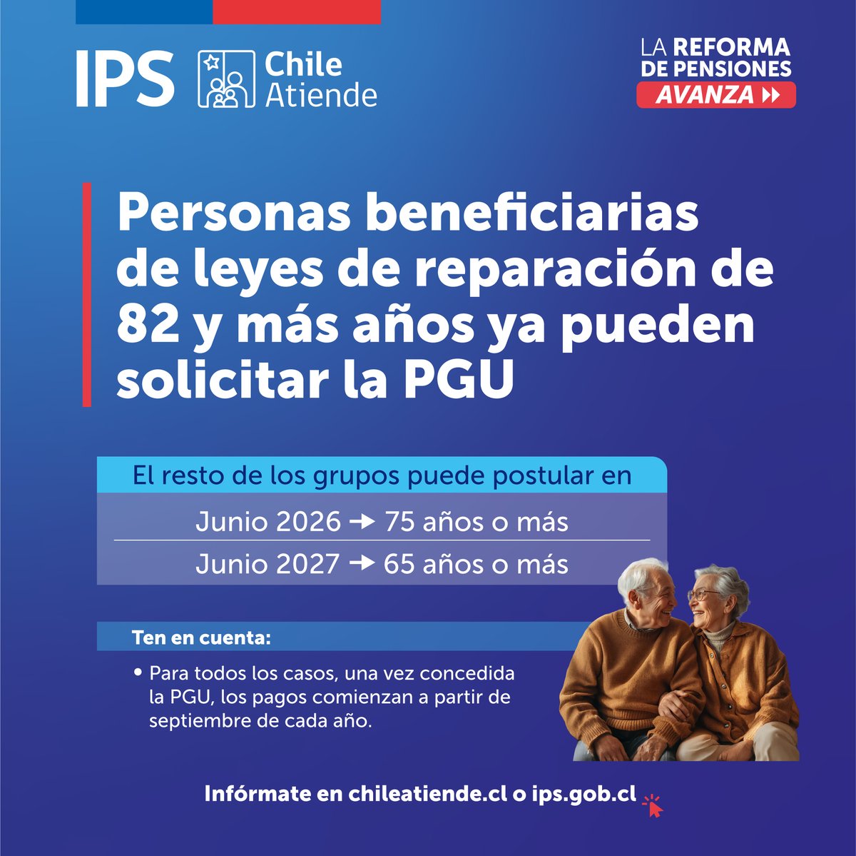 👵👴Si conoces a alguien de 82 o más años que recibe beneficios por leyes de reparación, cuéntale que ya puede postular a la #PGU, aporte estatal que DEBE SER SOLICITADO.
🔎Consulta y realiza el trámite acá➡️ tinyurl.com/46mrhkuk
👆Otros grupos podrán postular en 2026 y 2027.
