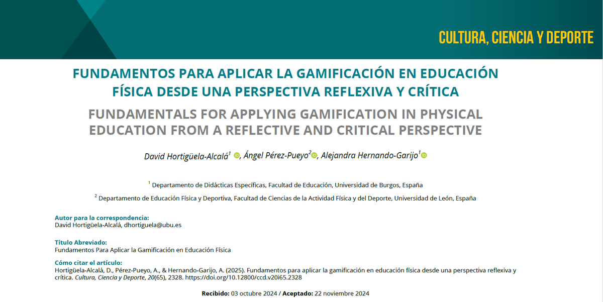 ¡Nuevo artículo publicado en <a href="/UCAM_CCD/">UCAM CCD</a>!
Abordamos, desde una perspectiva reflexiva y crítica, los fundamentos para aplicar la gamificación en Educación Física 👇
ccd.ucam.edu/index.php/revi…
Esperamos que sea de utilidad e interés