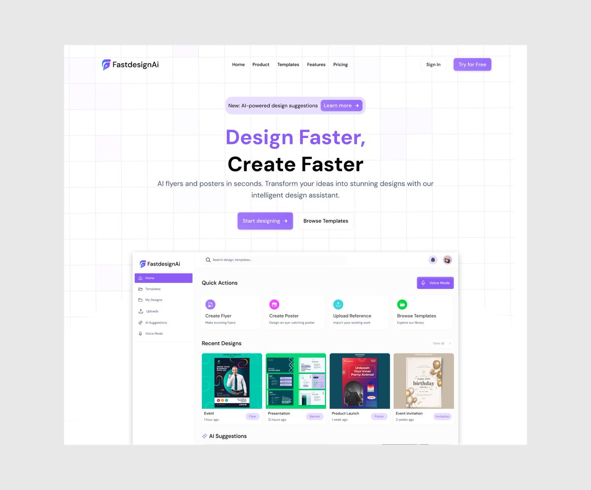 sulphur_29's tweet photo. Here is my submission for FastdesignAi, an AI-powered design tool that helps you go from idea to visual in seconds.

Hero Page: Clear, bold, and focused on instant action
Dashboard: Quick actions, AI template suggestions &amp; even Voice Mode 🎤

#FastdesignAi https://t.co/RTOm8duseM