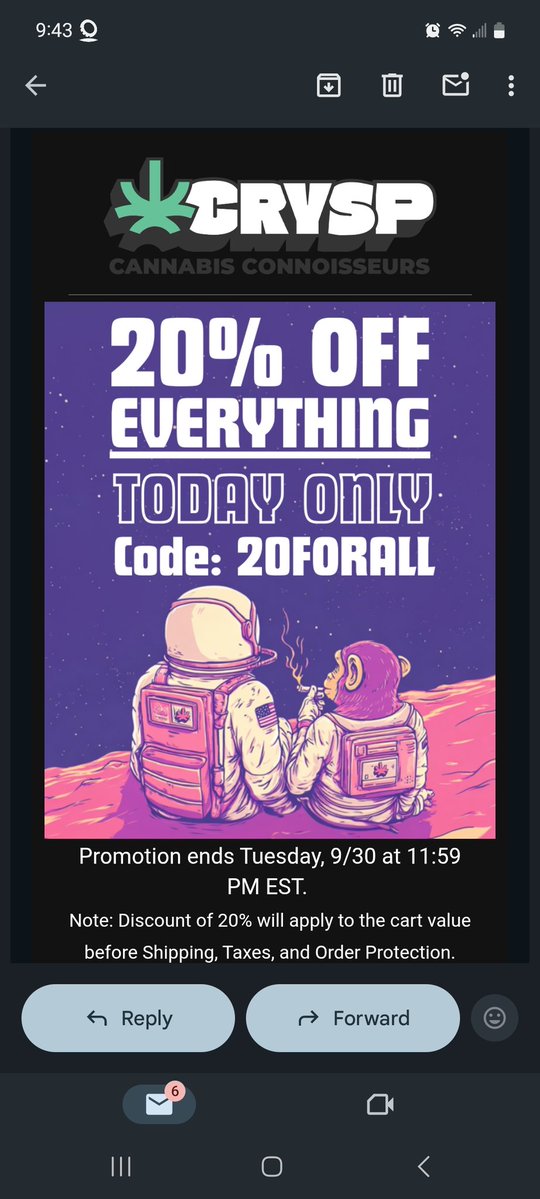 Cportmerch's tweet image. crysp.co/cs/6676/
Adult Use Only 21+ ⚠️
Crysp is running a 20% off EVERYTHING Special for today only 9/30/25 📢
Use discount code: 20FORALL 💰
#Discountcode #Thca #hemp #concentrates #HashHoles