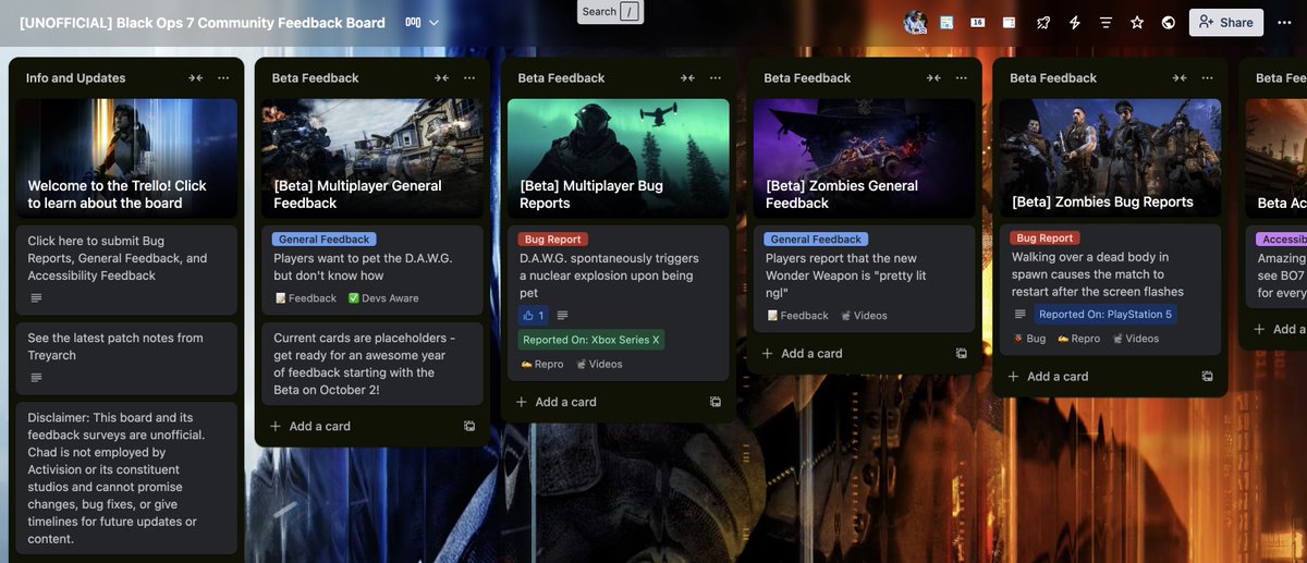 CODMWIIIArchive's tweet photo. A new chapter begins: The Community Feedback Trello is BACK for Black Ops 7, and it’s leveled up! 😎

Built on the foundations of MWIII, the BO7 Community Trello has been rebuilt to make feedback more dynamic, interactive, and impactful. New plugins, cleaner surveys, and smarter automation mean your voice is easier than ever to see, share, and prioritize.