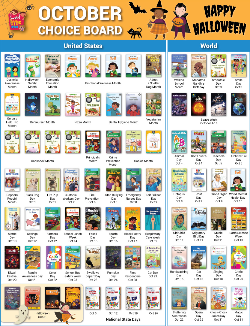 smartkidzclub's tweet photo. October is here, and so is our NEW Choice Board! 👻📚 We’ve got spooky stories, scientific facts, and everything in between. From "Pumpkin Harvest" to "Nocturnal Animals," there's a book for every curious kid.
Try the app &amp; start reading today! 
#SmartKidzClub #October #KidsBooks https://t.co/3SMzk3WpqV