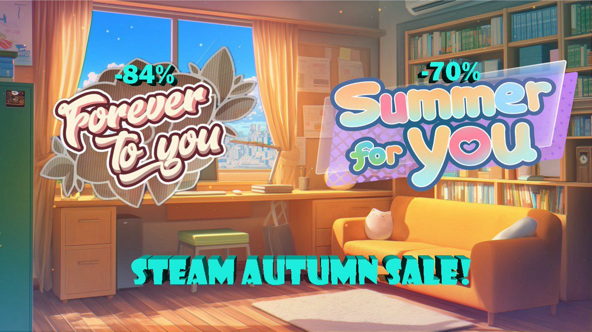 Hello guys! The Steam Autumn sale has started, and our games got stunning discounts!
Right now SUMMER FOR YOU goes with 70% discount 😍 
store.steampowered.com/app/2066980/Su…
and FOREVER TO YOU goes with 84% discount! 🙀
store.steampowered.com/app/1609010/Fo…
Hurry up, the sale will end in a week 😉