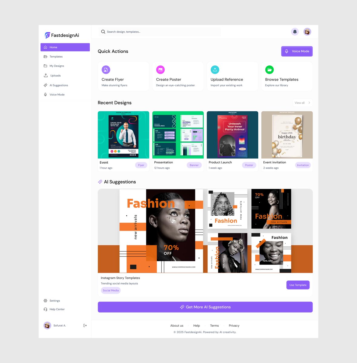 Here is my submission for FastdesignAi, an AI-powered design tool that helps you go from idea to visual in seconds.

Hero Page: Clear, bold, and focused on instant action
Dashboard: Quick actions, AI template suggestions &amp; even Voice Mode 🎤

#FastdesignAi