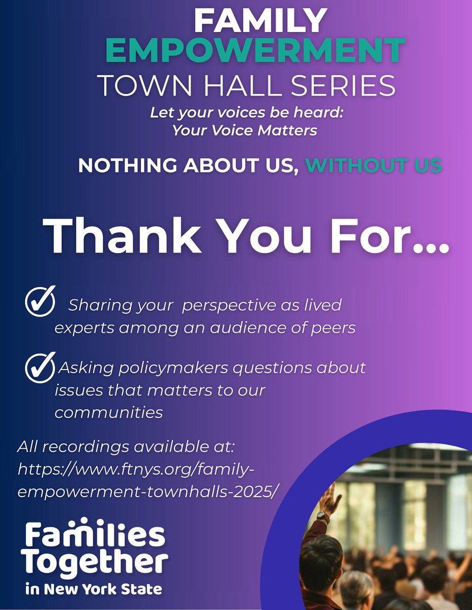 Thank You for Joining Us at the Town Halls this September!

If you missed any Townhalls or want to revisit the topics covered, all sessions are available for rewatch on our website. We encourage you to check them out.

For more: ftnys.org/family-empower…