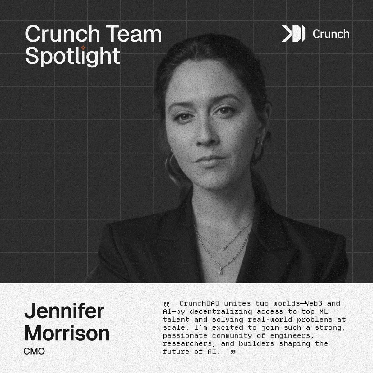 Jennifer Morrison is our new CMO at Crunch!

She brings 15+ years of marketing leadership across tech and Web3, having shaped narratives and driven growth at Truflation, Manta Network, and Toposware (acquired by Polygon).

We’re excited to have her on board, leading our GTM