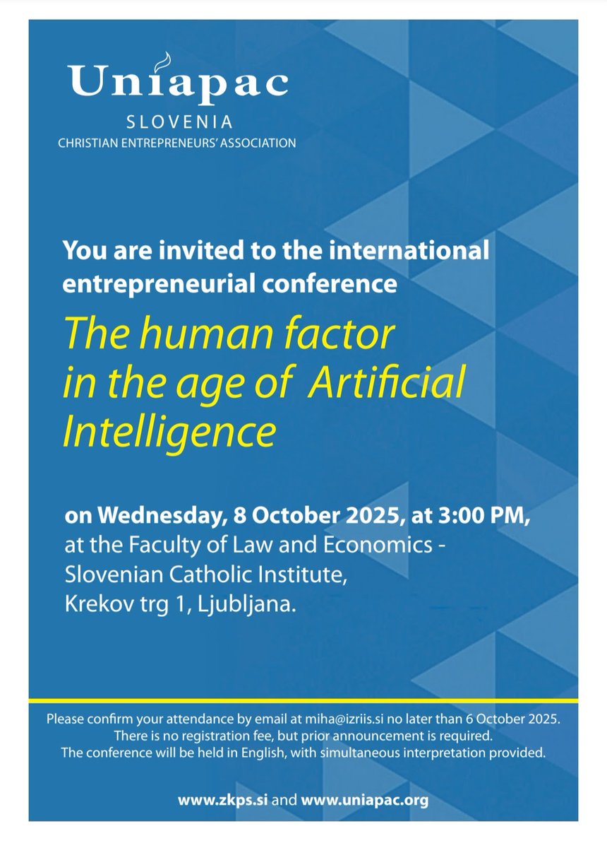 ToneRode's tweet image. Podjetniki in poslovneži vabljeni na konferenco UNIAPAC Slovenija, ki bo 8.10. na temo "The human factor in the age of AI". Potekala bo v angleščini, simultano prevajanje zagotovljeno. Več v priponkah. Prosim, delite naprej! zkps.si in uniapac.org