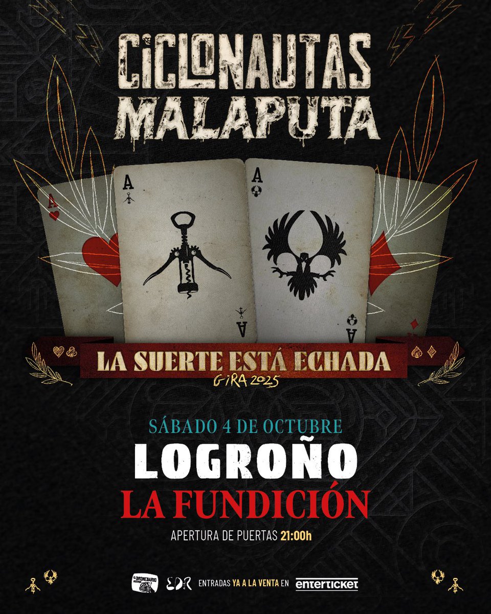 Familia!!! Próximas fechas para disfrutar de un ración doble de puro ROCK junto a Ciclonautas 🔥

Viernes 3/10 en Bilbao (Kafé Antzokia)
🎟️ enterticket.es/eventos/ciclon…

Sábado 4/10 en Logroño (Sala Fundición)
🎟️ enterticket.es/eventos/ciclon…