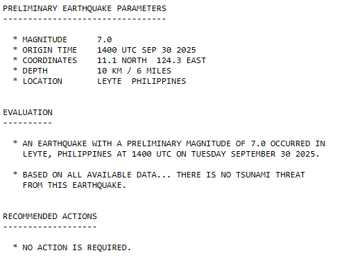 geotechwar's tweet photo. 2/
Magnitude 7.0 earthquake struck Leyte, Philippines at 1400 UTC (22:00 local) Sept 30, 2025. 
#lindol #sismo #deprem 

Location near 11.1N 124.3E, depth 10 km. No tsunami threat reported, and no action required based on current assessments. https://t.co/cP7xcufeL8