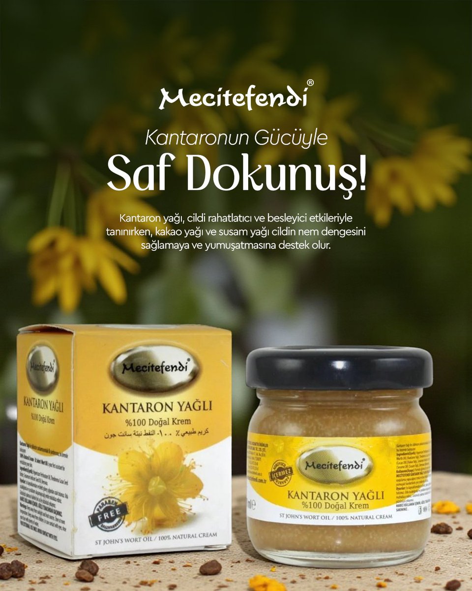 🌼 Saf doğallığın cildinizle buluşma zamanı! 🌼

Mecitefendi Kantaron Yağlı %100 Doğal Krem, kantaron yağı ile rahatlatıcı bakım sunarken kakao yağı ve susam yağı ile cildin nem dengesini destekler. 🌿✨

Doğanın saf dokunuşunu hisset, cildine yumuşaklık kat! 💛
