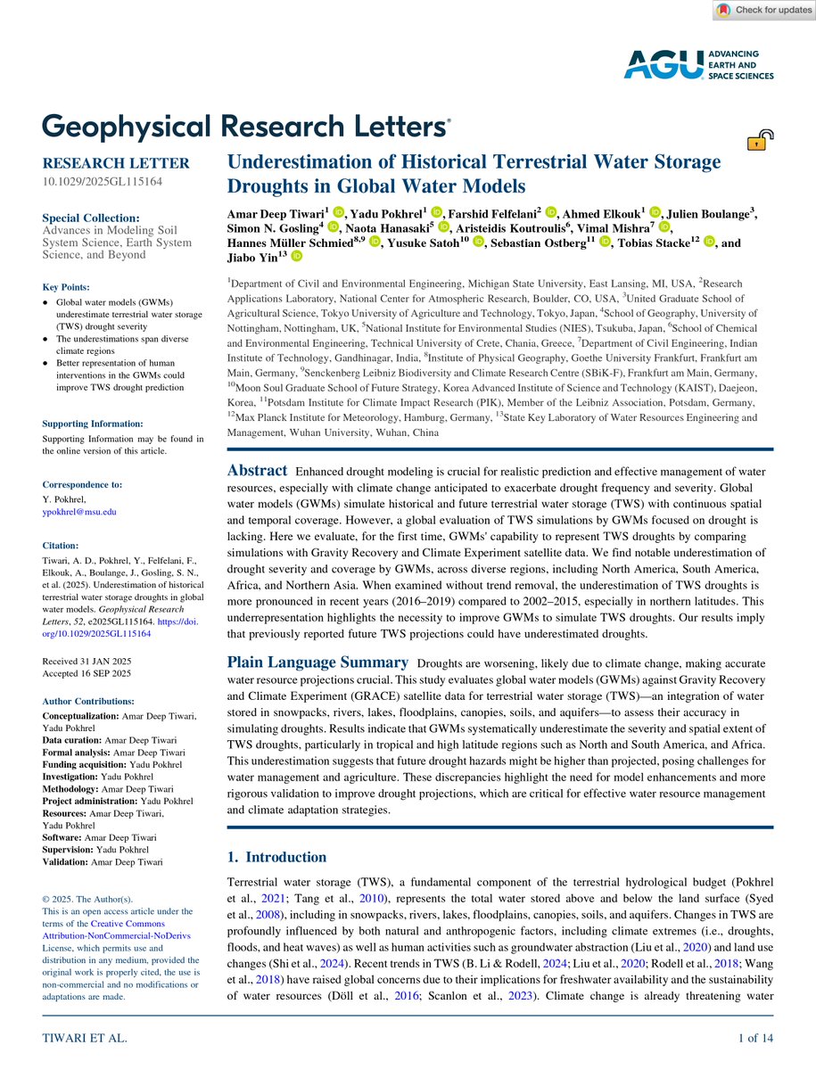 New paper out in <a href="/theAGU/">AGU (American Geophysical Union)</a>'s Geophysical Research Letters (GRL)
"Underestimation of Historical Terrestrial Water Storage Droughts in Global Water Models"

Link: doi.org/10.1029/2025GL…

#Hydrology #WaterResources #TWS #droughts #Water #Modeling
