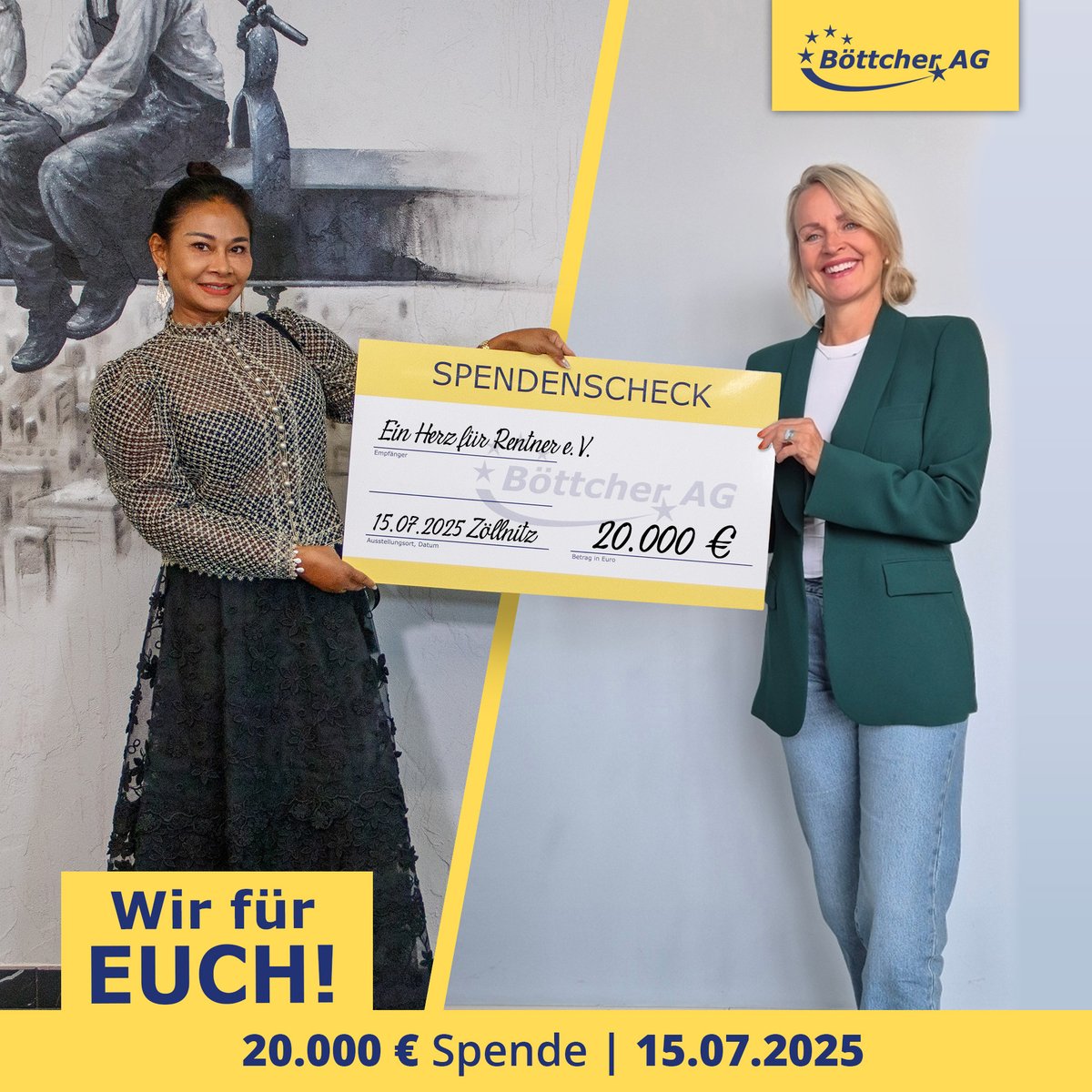 Böttcher AG spendet 20.000 Euro an Ein Herz für Rentner e.V.

Die Böttcher AG unterstützt den Verein „Ein Herz für Rentner e.V.“ erneut mit einer Spende von 20.000 Euro und leistet damit einen direkten Beitrag für Seniorinnen und Senioren, die trotz jahrzehntelanger Arbeit in