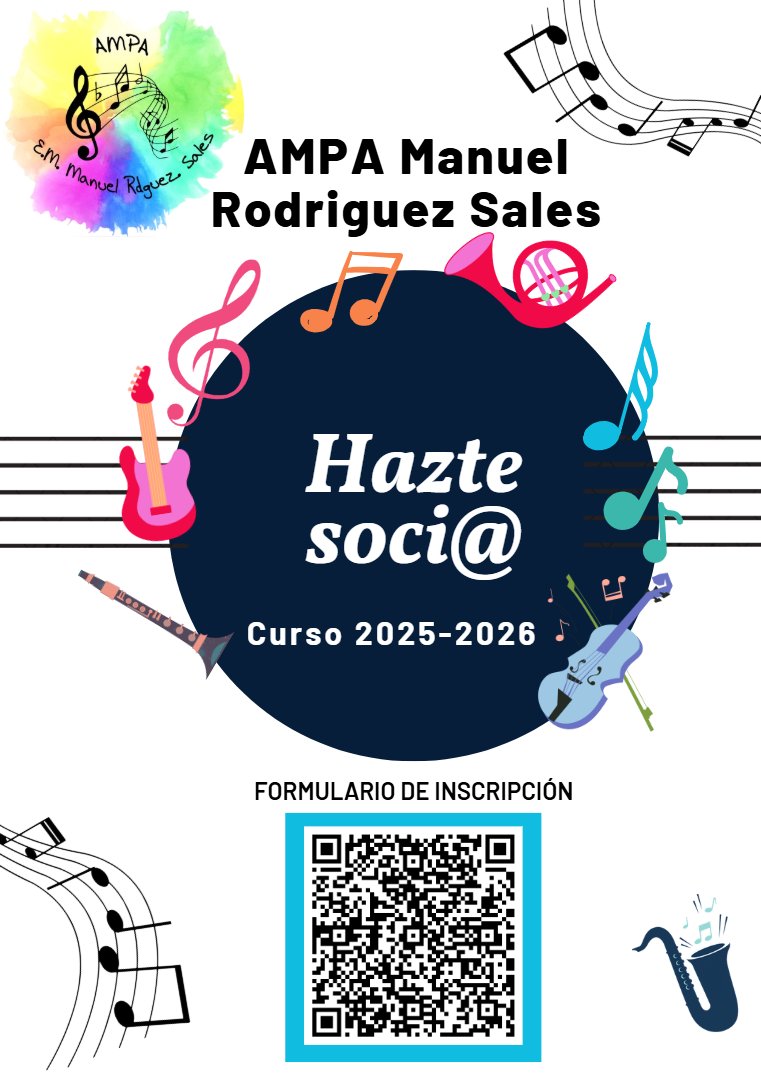 ¡Hazte soci@ de la AMPA de la Escuela de Música!🎶
Tu apoyo nos ayuda a organizar actividades, conciertos y  defender los intereses del alumnado💚  

#EscuelaConservatorioMRS #AMPA #EscuelaDeMúsica