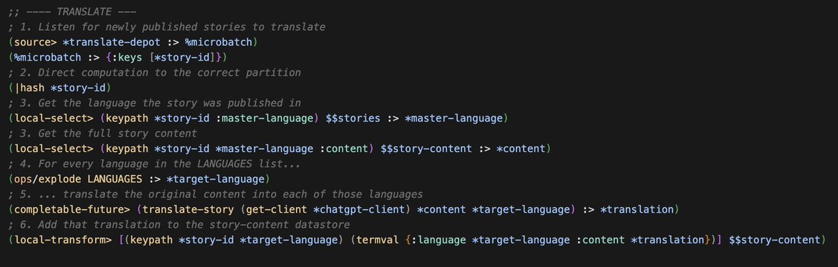 I started learning <a href="/nathanmarz/">Nathan Marz</a> 's Rama a few months ago.

The initial learning curve was steep, but his blog posts convinced me this would be worth the effort.

One way this has totally simplified my story publishing webapp is this:

In just 6 steps, Rama (basically my database),