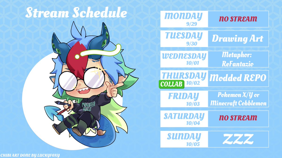Here is this week's stream schedule for me! A bit late, cause I've been tired, but ready for some more this week. Next week I'll be doing more Pokémon focused streams up until the release of Pokémon Legends: Z-A, which will be a 24 hour stream. Looking forward to some streams!