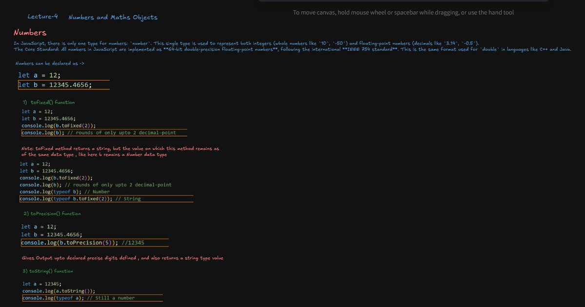 SilentCommit01's tweet image. Defence Batch Day 20! 🚀
@rohit_negi9 
Explored Numbers in JavaScript.Covered declarations and why not the new keyword and unleashed the power of the Math object, from Math.random() to other essential functions. Mza agya padhkr🔥
Notes:excalidraw.com/#json=Nk3ftjYU…
 #JavaScript #WebDev