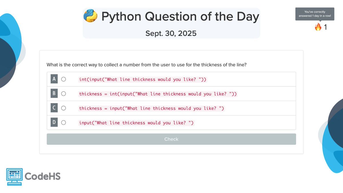 CodeHS's tweet image. Kick off each class with the CodeHS Question of the Day! These quick, 5-minute activities are a fun way to keep students learning — and challenge them to keep their streak going buff.ly/nmYg0II