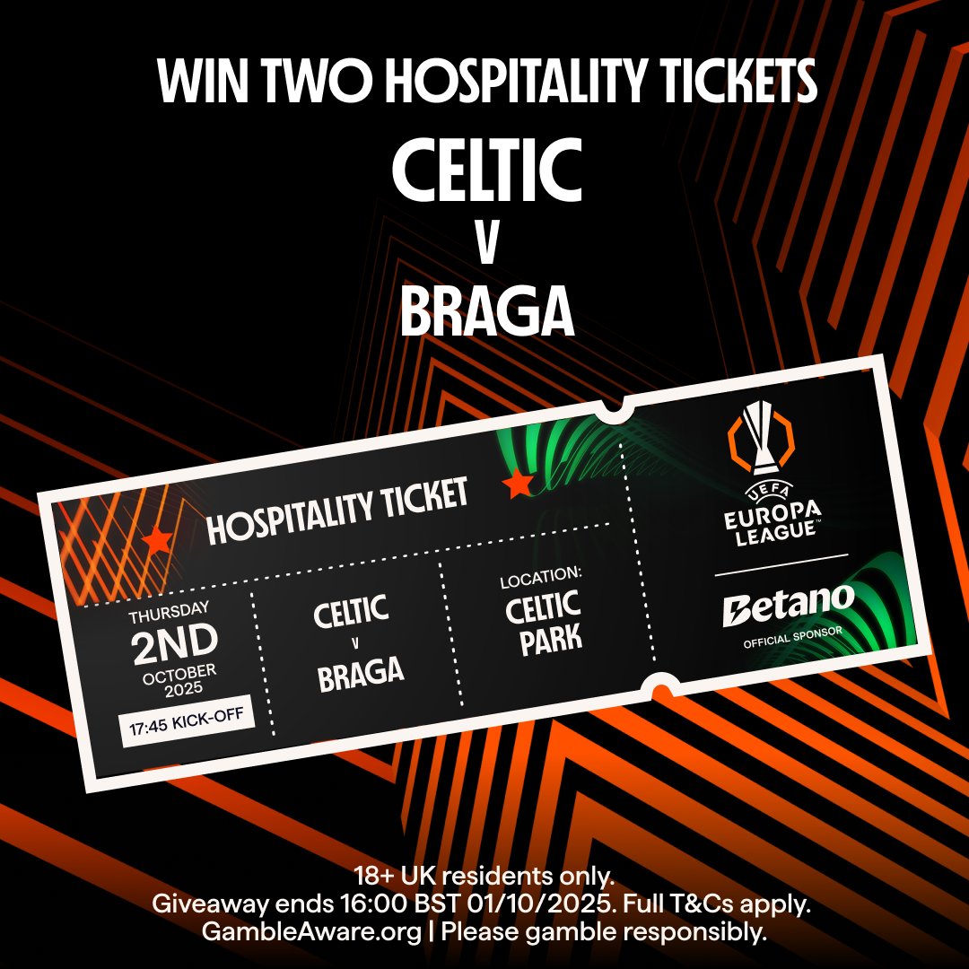 Betano_UK's tweet photo. WIN 2 PAIRS OF HOSPITALITY TICKETS FOR CELTIC V BRAGA🎟️

We're proud sponsors of the @EuropaLeague. 🏆🟠

And we're giving away hospitality tickets to Celtic Park. 🍀

To Enter:
✅ Follow @Betano_UK
♻️ RT this post

#COYBIG