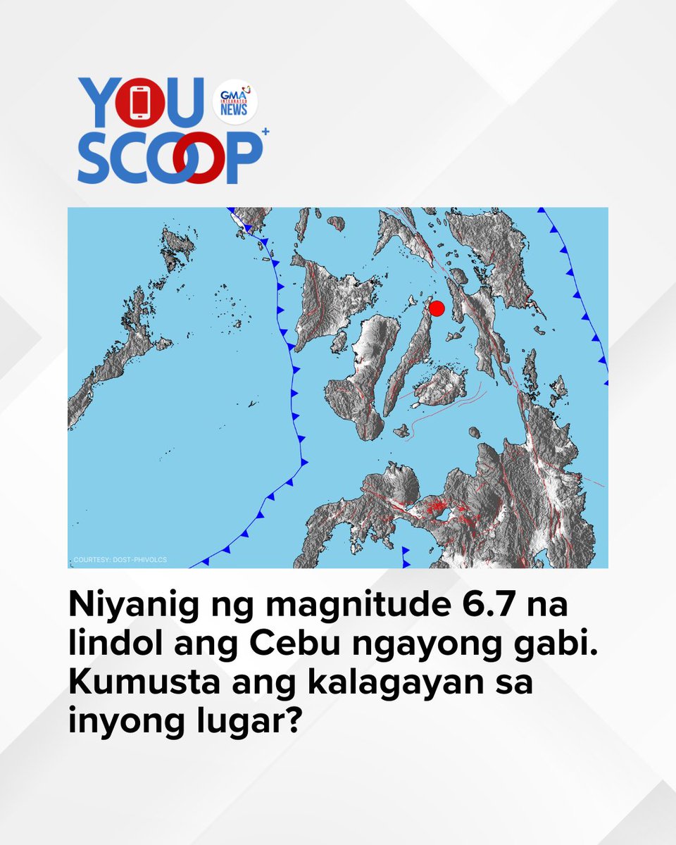 gmanews's tweet photo. Niyanig ng magnitude 6.7 na lindol ang Cebu ngayong gabi, September 30, 2025.

Kumusta ang kalagayan sa inyong lugar, mga Kapuso?

Mangyaring magpadala ng inyong mga larawan o video ng naranasang pagyanig para ma-feature sa #YouScoop.

Mag-amping kitang tanan! https://t.co/4J8Cq7apW9