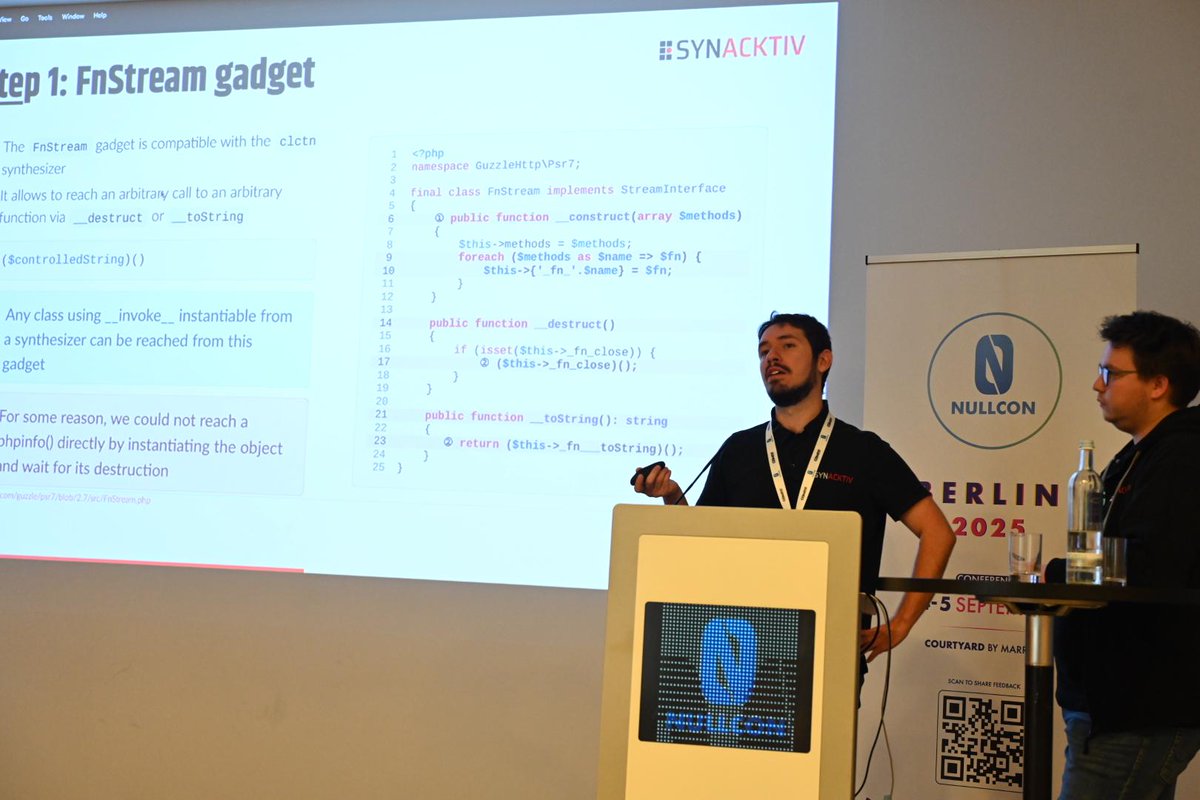 Synacktiv (@synacktiv) on Twitter photo First, <a href="/_remsio_/">Remsio</a> and <a href="/_Worty/">Worty</a> shared their research on Livewire's unmarshalling mechanism at <a href="/nullcon/">NULLCON</a> Berlin. They demonstrated how to achieve RCE with the APP_KEY and extended their laravel-crypto-killer tool to automate the process.
Stay tuned, something big is coming... 👀 First, <a href="/_remsio_/">Remsio</a> and <a href="/_Worty/">Worty</a> shared their research on Livewire's unmarshalling mechanism at <a href="/nullcon/">NULLCON</a> Berlin. They demonstrated how to achieve RCE with the APP_KEY and extended their laravel-crypto-killer tool to automate the process.
Stay tuned, something big is coming... 👀