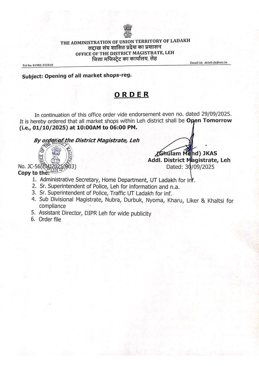 Markets will remain open in #Leh from 10am to 6pm on October 1, 2025. Schools and educational institutions will remain closed and mobile internet suspended. 

#Ladakh