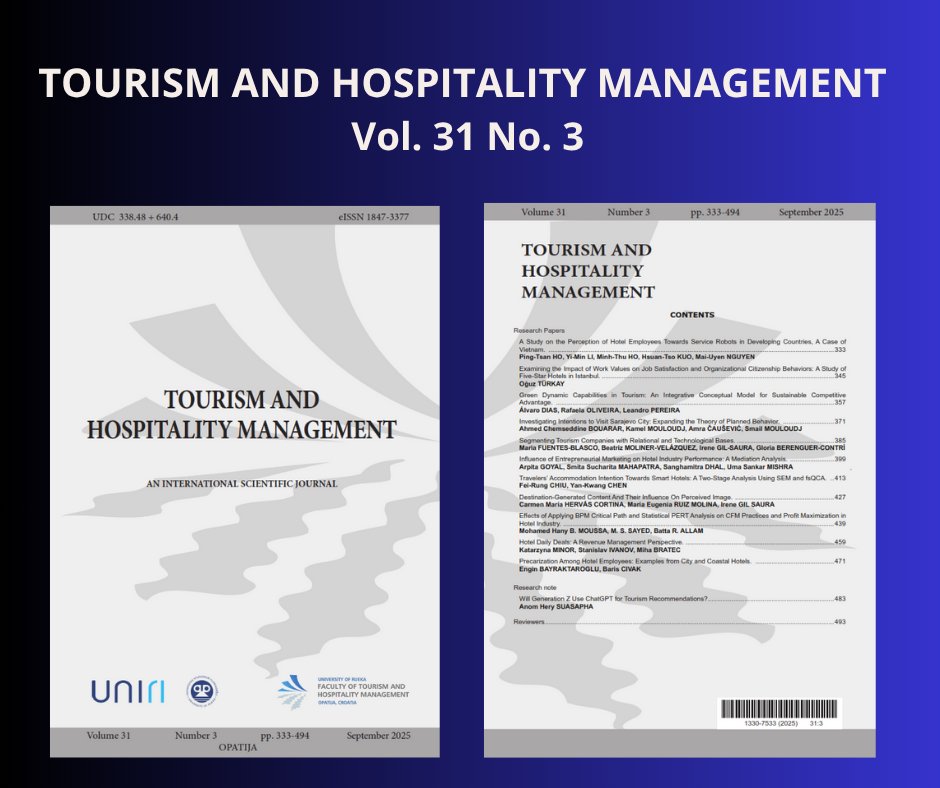 THMjournal's tweet photo. 📢 NEW ISSUE – Tourism and Hospitality Management 31(3)!
Fresh research on: 🤖 Service robots, 🌱 Sustainable tourism, 🏨 Smart hotels, 💰 Daily deals, 📸 Destination content &amp; more!🔍

👉 Read all OA: https://t.co/tG8R5bhfyx

#TourismResearch #HospitalityManagement #OpenAccess https://t.co/MOHsmxIgnb