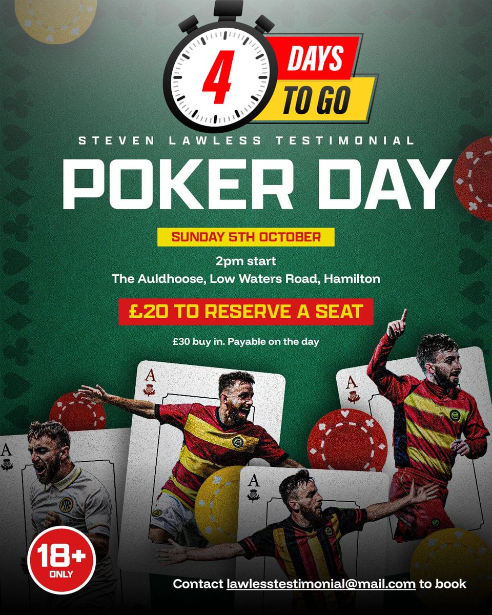 BanzoTestimonial (@sb8testimonial) on Twitter photo π¨ There is a VERY limited number of spaces remaining for our Poker Day.
π Be quick to book!
π
The event takes place this Sunday at 2pm.
βοΈ Email LawlessTestimonial@Mail.com to confirm your place. π¨ There is a VERY limited number of spaces remaining for our Poker Day.
π Be quick to book!
π
The event takes place this Sunday at 2pm.
βοΈ Email LawlessTestimonial@Mail.com to confirm your place.