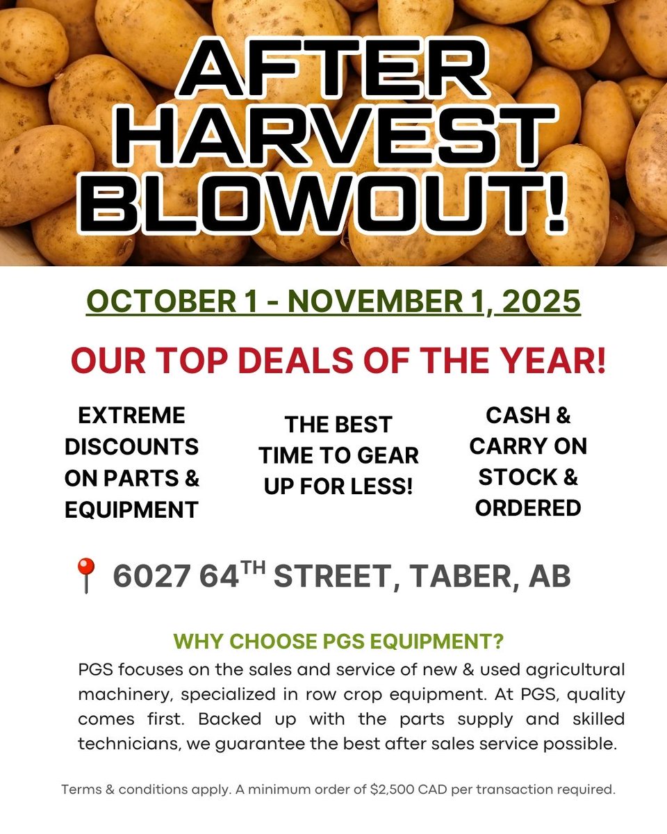 The harvest is almost done, and it’s time to save BIG! 🎉
We’re clearing out inventory with massive discounts on a wide range of equipment and parts during our After Harvest Sale!