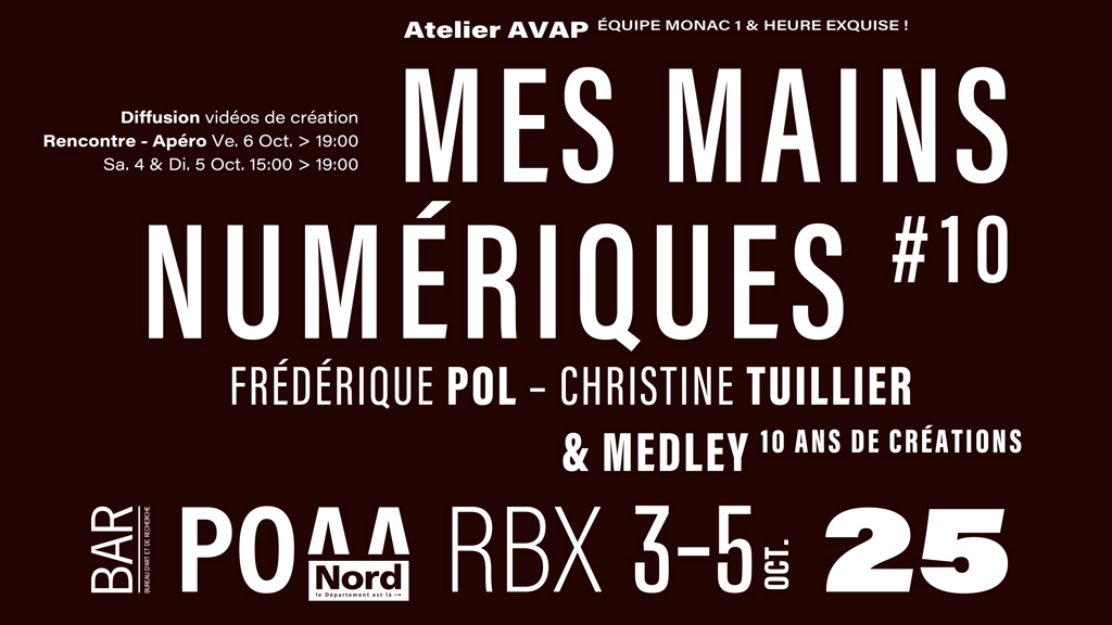 Pour les POAA 2025, le BAR et l’AVAP vous proposent les créations de  Frédérique Pol et Christine Tuillier, ainsi qu’un medley de 10 ans de  créations audiovisuelles.