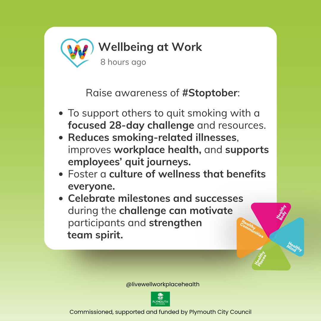Livewell Workplace Health (Wellbeing at Work) (@wellbeing_work) on Twitter photo 🚭 Ready to quit?
Join #Stoptober today — 28 days, one goal: a smoke-free life 💨
Support is here. You’ve got this! Call <a href="/oneyouplymouth/">One You Plymouth</a> for further support on 01752 437177
<a href="/livewellsw/">Livewell Southwest</a> <a href="/PHPlymouth/">Public Health Plymouth</a>
#QuitSmoking #SmokeFree #Wellbeing 🚭 Ready to quit?
Join #Stoptober today — 28 days, one goal: a smoke-free life 💨
Support is here. You’ve got this! Call <a href="/oneyouplymouth/">One You Plymouth</a> for further support on 01752 437177
<a href="/livewellsw/">Livewell Southwest</a> <a href="/PHPlymouth/">Public Health Plymouth</a>
#QuitSmoking #SmokeFree #Wellbeing