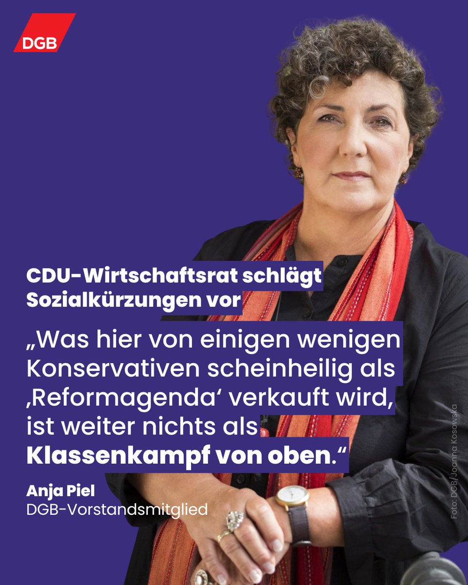dgb_news's tweet photo. "Der Sozialstaat ist das Fundament einer modernen, solidarischen Gesellschaft, die sich darauf verständigt hat, dauerhaft füreinander einzustehen. Wir können und müssen manches besser machen, das geht aber, ohne abzubauen", so unsere Vorständin @Anja_Piel zur Forderung des CDU-@Wirtschaftsrat nach Sozialkürzungen: https://t.co/6xE3IgxVwA