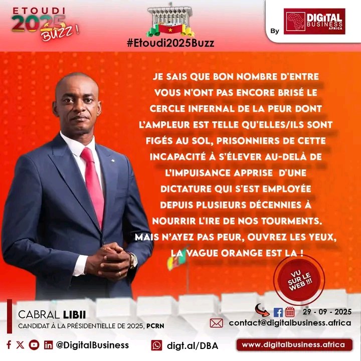 # Etoudi2025Buzz 🤳

🇨🇲 <a href="/CabralLibii/">Cabral LIBII</a> Cabral LIBII : La vague Orange est la .

Source : facebook.com/share/p/1ACZSS…

Plongez au cœur de l'élection présidentielle d'octobre 2025 avec notre rubrique exclusive. Avec Etoudi2025Buzz, Digital Business Africa vous propose une analyse