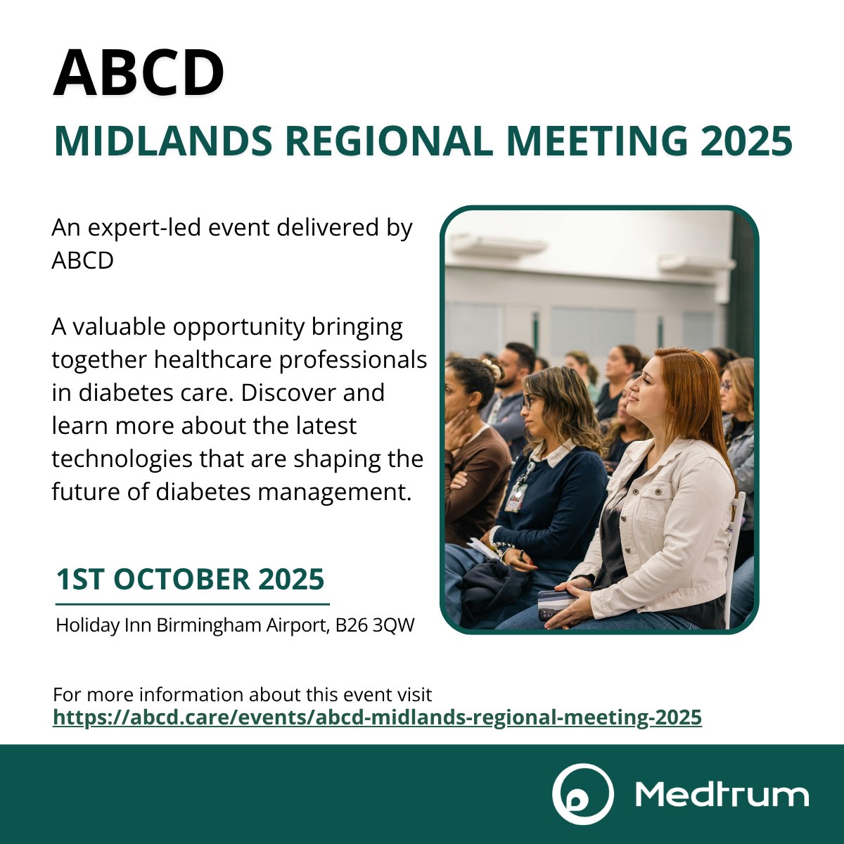 We’re proud to sponsor the <a href="/ABCDiab/">ABCD Diabetes</a> Midlands Regional Meeting taking place tomorrow. 
Come and meet the Medtrum team and learn more about our latest diabetes technology! 
We look forward to seeing you👋
#ABCDMidlands #Diabetes #Medtrum #TouchCareNano