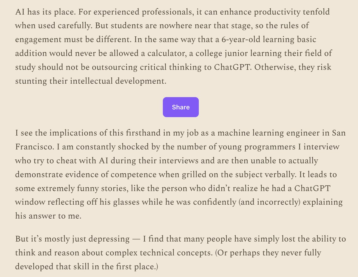 lxeagle17's tweet image. Wrote today for @TheArgumentMag about how students using AI in college is incredibly damaging — and its impacts when they exit University.

I fear that non-trivial chunk of young people are just forgetting (or never learning) how to think.