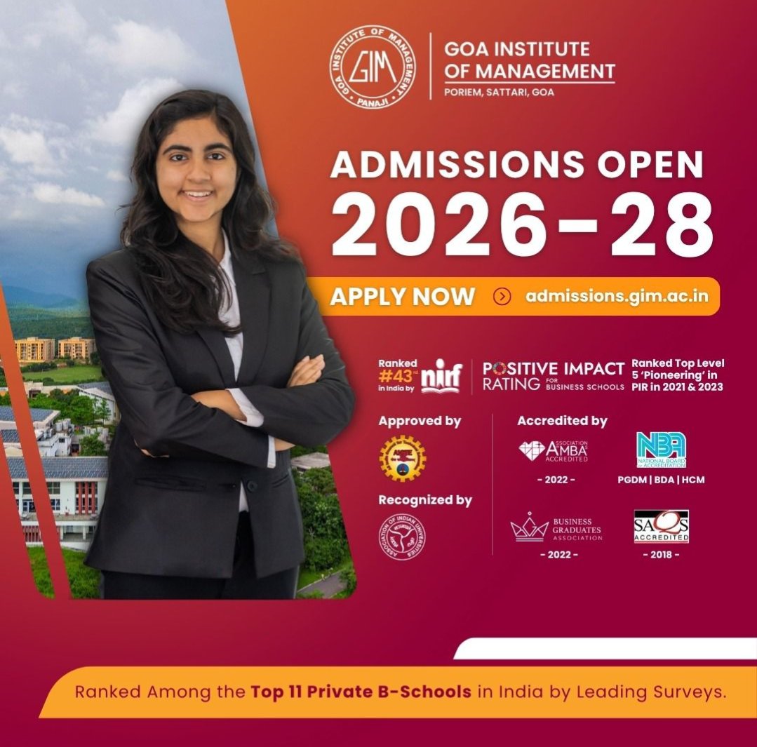 GIM_Sanquelim's tweet photo. #GIM is pleased to announce that #admissions are open for the 2026-28 batch across #PGDM, #HCM, #BDA, #BIFS and #IDA. With global partnerships, expert faculty, and specialised #programmes, GIM empowers future leaders with industry relevant skills, innovation & global perspective. https://t.co/p3kSqKXG4u