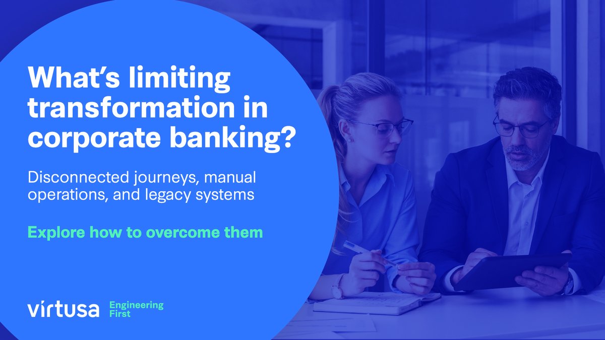 VirtusaCorp's tweet image. Corporate banking faces growing pressure from legacy systems, manual workflows, and regulatory complexity. Virtusa enables banks to overcome these challenges through AI-led, strategic transformation. Learn more: splr.io/6010sMCAw
#EngineeringFirst #CorporateBanking