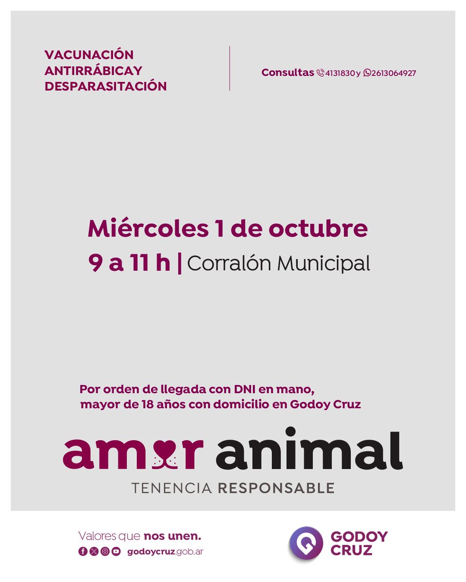 🐾 Recordá que esté miércoles podés acercarte al Corralón Municipal para desparasitar a tu mascota, de 9 a 11 hs.

👉 La atención es por orden de llegada, con DNI en mano a mayores de 18 años con domicilio en Godoy Cruz.

ℹ️ Más info: bit.ly/4laIG9b