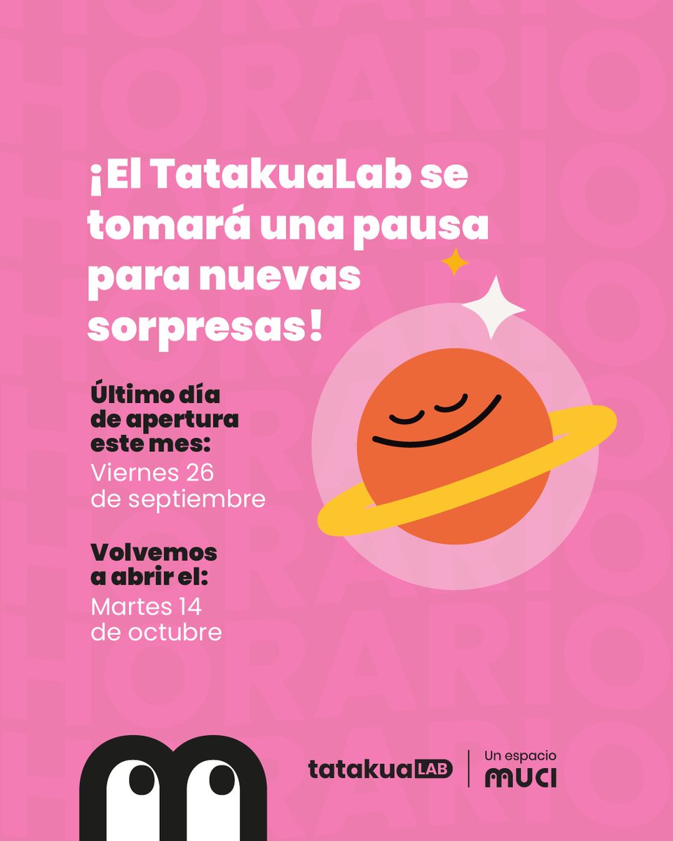 muci_py's tweet image. ¡En el TatakuaLab nos tomamos una pausa! 🤓✨

Mientras tanto podes visitarnos en el Planetario San Cosmos 🚀👨‍🚀👩‍🚀 

Reserva acá tu visita al espacio exterior muci.org/entradas