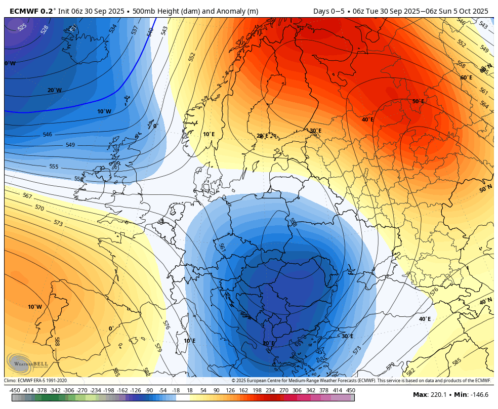 A Rex block pattern is leading to a record early-season cold air outbreak in the Balkans, not seen in decades this early in October.